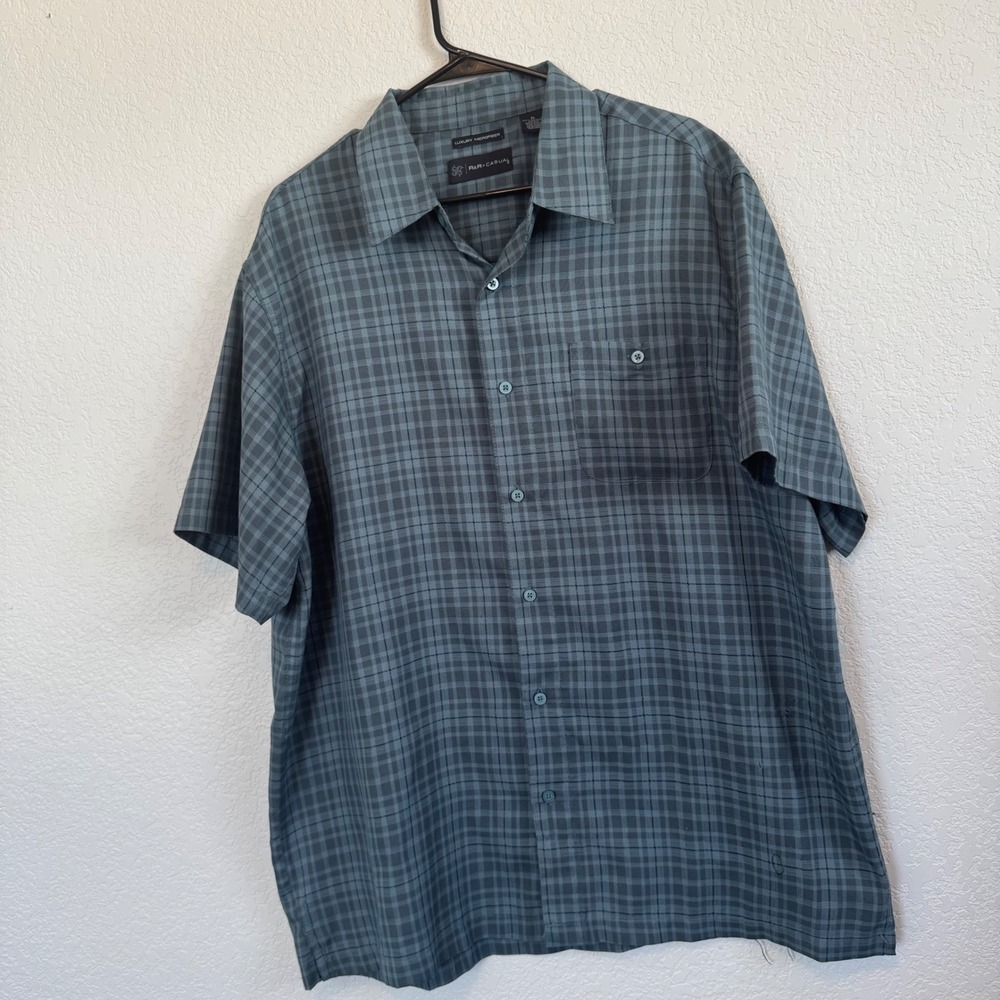 R&R Casual Button Down Shirt Mens XL Blue Plaid Luxury‎ Microfiber Short Sleeve